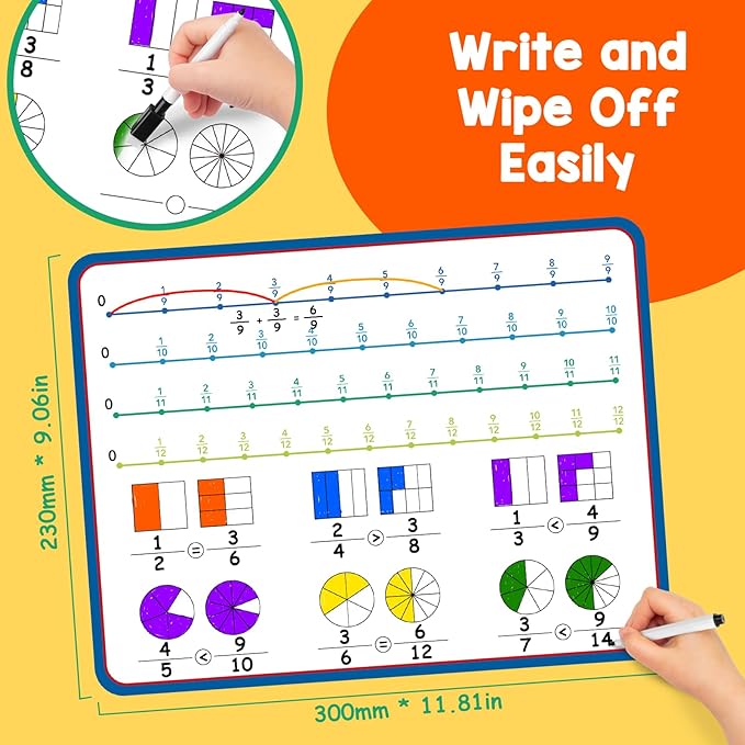 Aizweb 12 Pack Fraction Manipulatives Dry Erase Board,12"x9" Fraction Number Line Bars,Math Manipulatives Fraction Games Flash Cards for 4th-8th Grade Kids,Homeschool Classroom Teaching Supplies