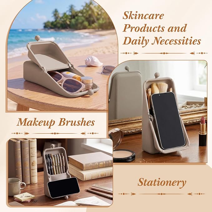 Kacctyen Makeup Brush Case Silicone Standing Makeup Brush Holder,Oatmeal | Silicone Make up Travel Bag with Suction Portable Cosmetic Organizer Phone Stand Pouch for Travel Home Back to School Use