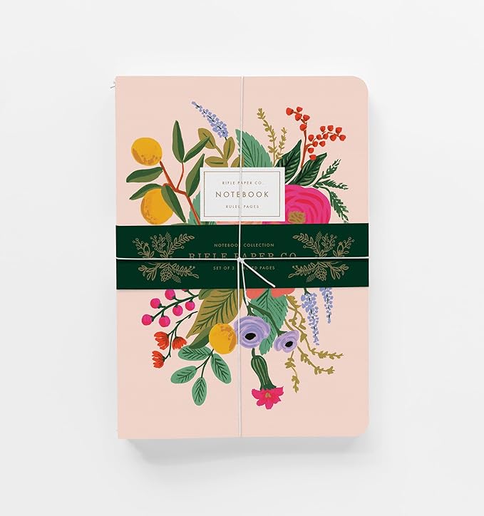 RIFLE PAPER CO. Garden Party Stitched Notebook Set, Set Of 3 Colorful Notebooks, 64 Ruled Pages With Gold Ink, Full Color Canvas Cover With White Text Paper Interior (6" W × 8.5" L)