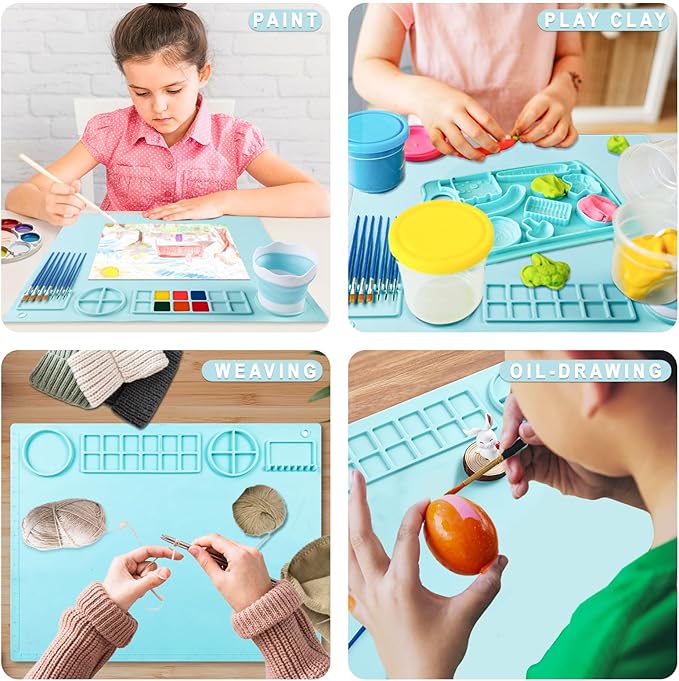 DIYDEC Silicone Craft Mat 20X16 Inch Large Silicone Art mat with Detachable Cup Painting Mat with 10 Painting Brushes Silicone Drawing Mat Sheets for Kids Adult DIY Accessories (Blue)
