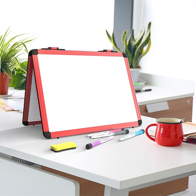 Dry Erase Board, 17x13 inch with 4 Sides Magnetic Whiteboard, A3 Foldable Small White Board with Lines, Perfect for Office, School, and Home. (Red)