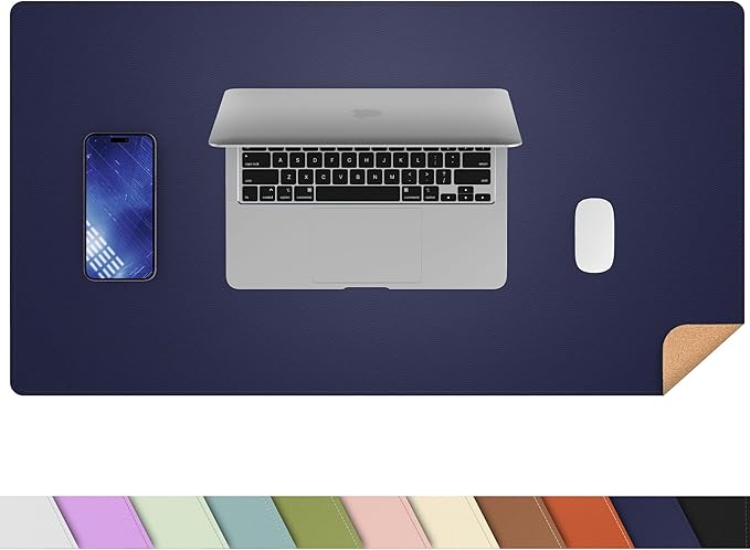 AFIING Cork Desk Mat 31.5" x 17", Waterproof Dual-Sided Cork & PU Leather Desk Pad, Non-Slip Desk Protector for Home Office, Workspace Setup & Gaming (Blue)