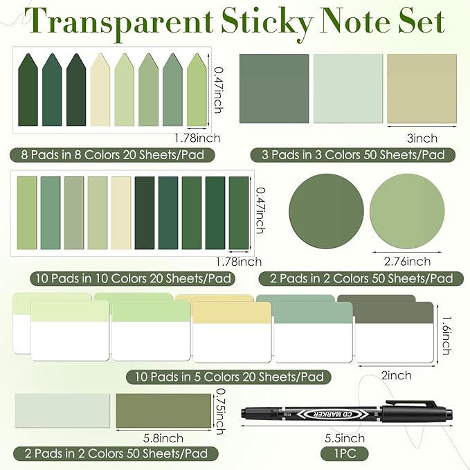 Glenmal Transparent Sticky Note Set 910 Sheets Translucent Clear Self-Adhesive Sticky Notes Bulk Gradient Color Waterproof for Bible Tabs Book Tabs Office Study Supplies Book Annotation(Sage Green)