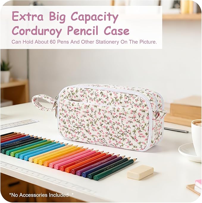 BuyCard Big Capacity Pencil Pouch, Pink Floral Corduroy 4-Compartment Pen Bag, Aesthetic Stationery Organizer for Teen Girls Women, Must-Have for Teacher, Makeup & Electrical Goods Storage Case