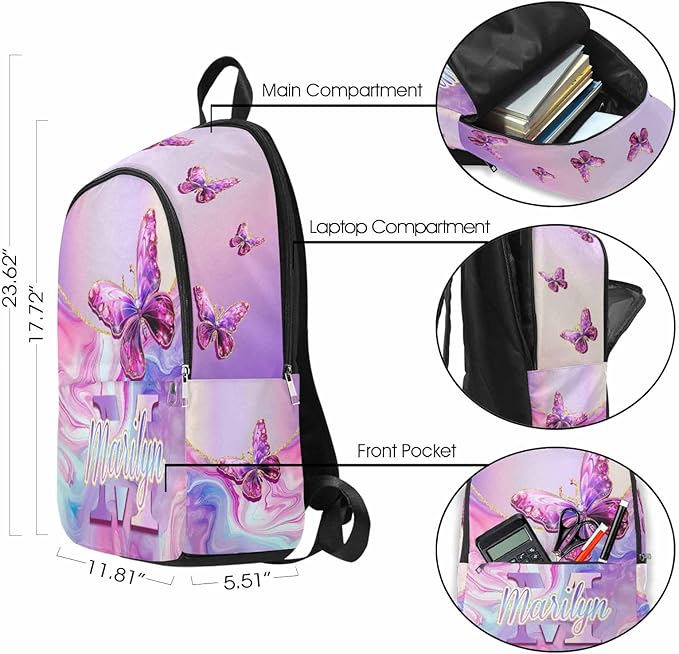 M YESCUSTOM Personalized Girls Backpack Lunch Bag with Name, Butterfly Custom School Backpacks for Kids Teen Waterproof Bookbag Backpacks Set Pencil Pouch