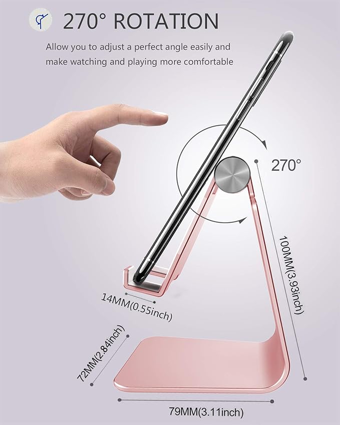 CreaDream Adjustable Cell Phone Stand, Phone Stand, Cradle, Dock, Holder, Aluminum Desktop Stand Compatible with Phone 16 15 14 13 12 11 Pro Max Plus SE, Accessories Desk, All Mobile Phones-Rose Gold