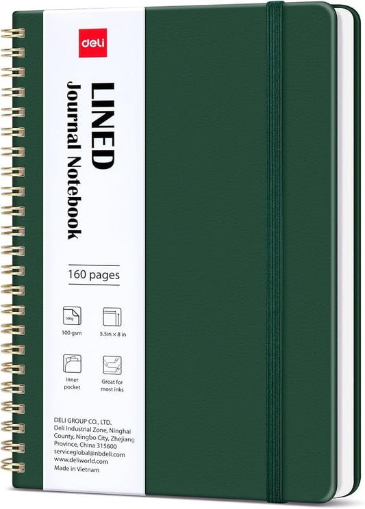 deli Dark GreenLined Spiral Journal Notebook, 160 Pages, A5 (5.5"x8") Hardcover Writing Notebook, College Ruled Spiral Bound Journal for Women & Men - Perfect for Work, School, Office & Note Taking