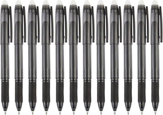 Volcanics Erasable Gel Pens 12 Pack, Soft Black Gel Ink Pens with Caps, 0.7mm Fine Point Erasable Pens for Office, Journaling & Writing