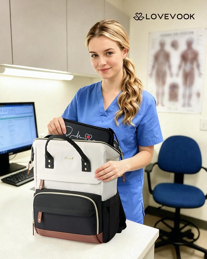 LOVEVOOK Nurse Backpack with Stethoscope Case, Wide Open Steel Frame Work Bag for Women, 15.6 Inch Laptop Compartment, Accessories Organizer for Nursing Student Clinical Essentials