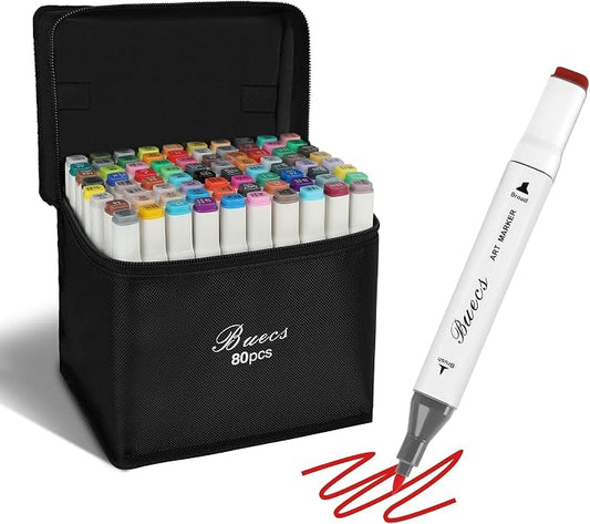 Buecs Alcohol Markers Brush Tip: Double Tipped Art Marker, 80 Count, suitable for Adults Artists Painting, Coloring Drawing Sketching, Multicolor