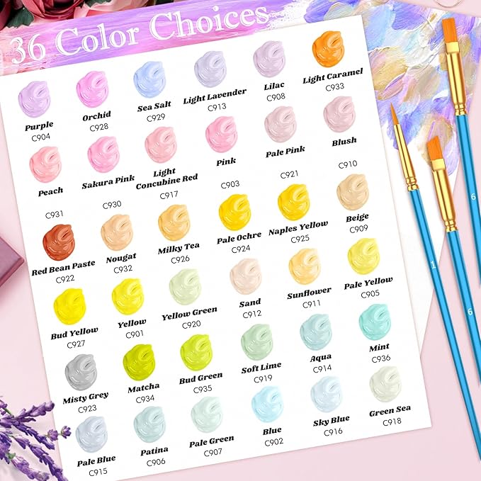 Caliart Acrylic Paint Set with 12 Brushes, 36 Pastel Colors (59ml, 2oz) Art Craft Paint for Artists Adults Beginners Painters, Canvas Ceramic Wood Fabric Rock Painting Supplies Kit
