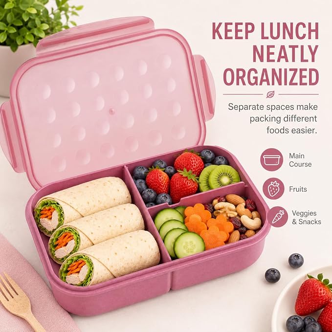 MISS BIG® Bento Lunch Box for Kids, 1150ml, 3 Compartments, Rose Pink | Rose pink kids lunch box for school, daycare, snacks, light meals, picnic food, and daily carry.