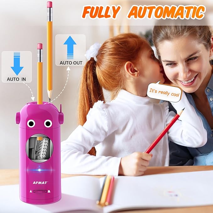 AFMAT Electric Pencil Sharpener for Colored Pencils 7-11.5mm, Fully Automatic Robot Pencil Sharpener, Auto in & Out, Rechargeable Hands-Free for Classroom/Home/Office, Battery Operated, PSX5RB, Pink