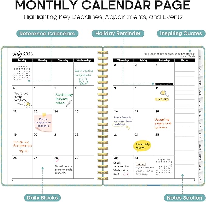 Planner 2026–2027, Academic Monthly Weekly Spiral Calendar, July 2026 – June 2027, Hardcover Agenda Notebook with Tabs, 6.3" x 8.5", Perfect for Students, Teachers, School & Daily Planning - Floral Halo