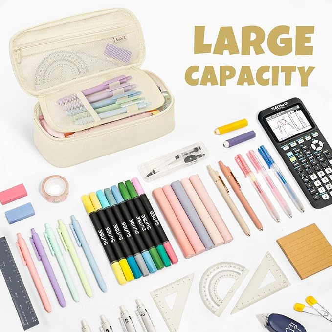 SUNEE Cute Pencil Case, Large Capacity Pencil Pouch, Big Storage Organizer for Stationery, Zipper Pen Bag, Back to School Supplies, Office Water-Repellent Nylon Pencil Bag for Teen Girls Boys, Cream