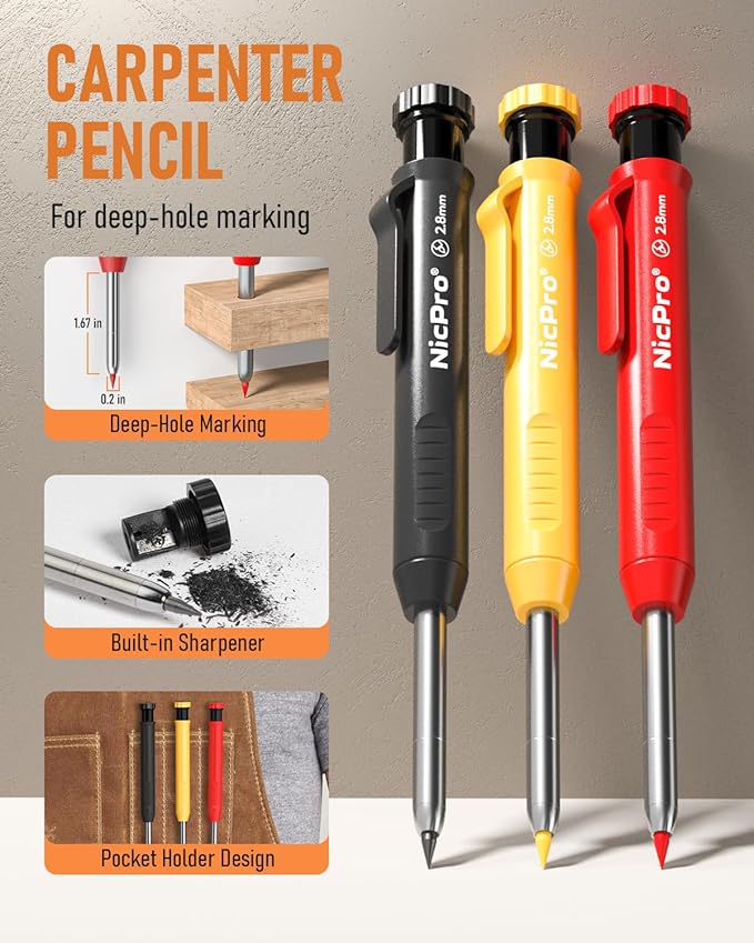 Nicpro 28 Pack Carpenter Pencil Set with Sharpener, Mechanical Carpenter Pencils with 127PCS Refills and Carbide Scribe Tool, Heavy Duty Construction Pencils for Architect Woodworking-With Canvas Case