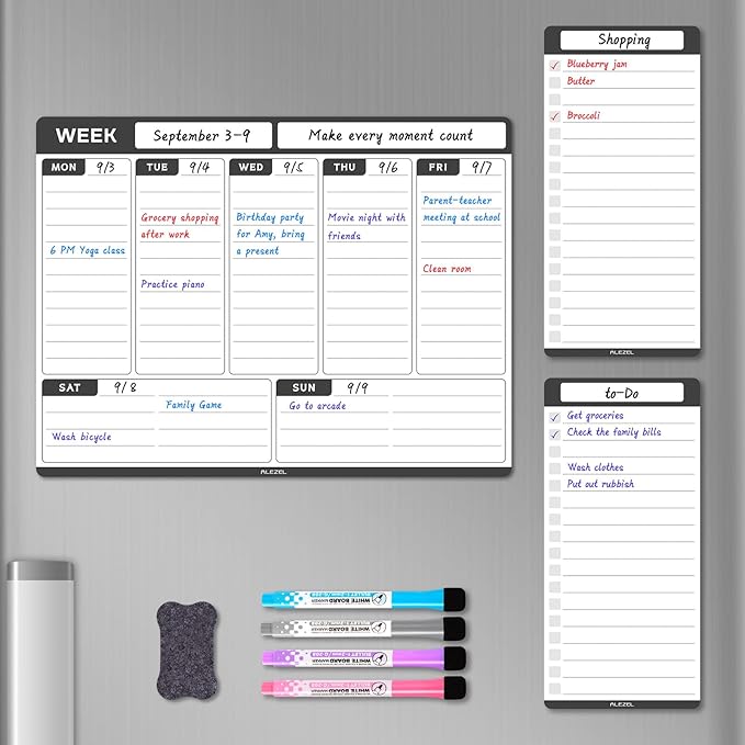 ALEZEL Weekly Dry Erase Board for Refrigerator, Magnetic Weekly Calendar Planner for Fridge, Set of Magnetic Weekly Calendar & 2 List Whiteboards, 4 Markers + Eraser