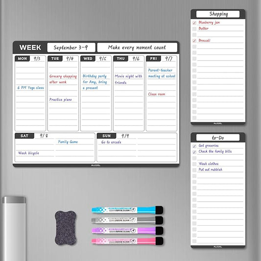 ALEZEL Weekly Dry Erase Board for Refrigerator, Magnetic Weekly Calendar Planner for Fridge, Set of Magnetic Weekly Calendar & 2 List Whiteboards, 4 Markers + Eraser