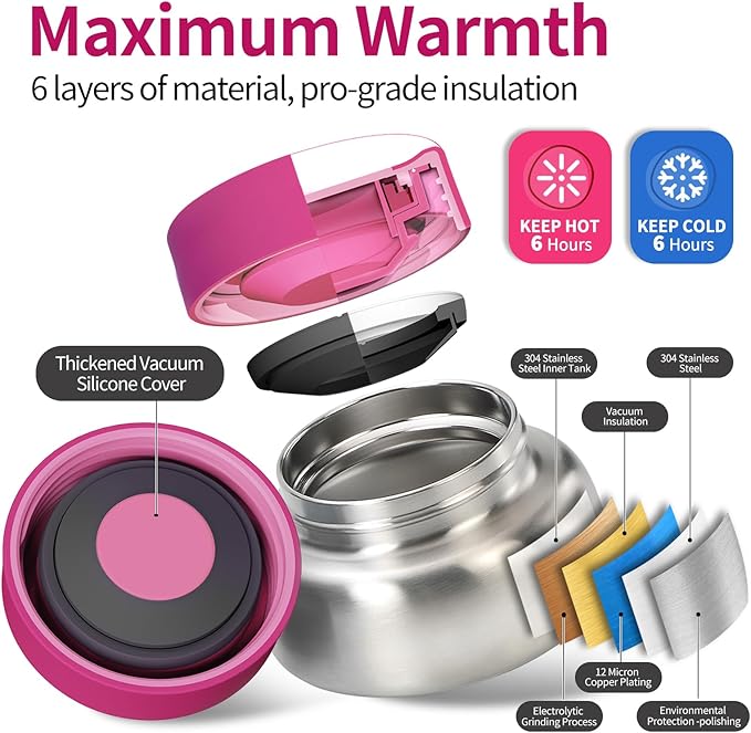 Bento Box for Kids with Thermos, [Large Capacity] Insulated Lunch Box Kids with 4 Compartment for Ages 3+, Drop-Proof & Dishwasher Safe Lunchbox Container Pink