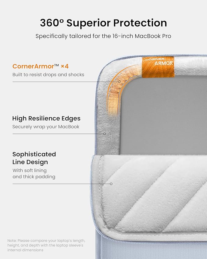 tomtoc 360° Protective Laptop Sleeve for 16-inch MacBook Pro M5 Pro/Max (2026) A3428 A3429, M4/M3/M2/M1 A3403 A3186 A2991 A2780, Water-Resistant MacBook Case Bag with Accessory Pocket Fits Dell XPS 16