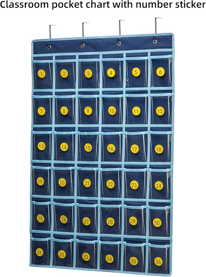 SAVERHO 36 Clear Pockets Classroom Pocket Chart for Cell Phone and Calculator Holder, Door Hanging Pocket Chart for Classroom Phone Holder with Number Sticker and Hooks (Blue)