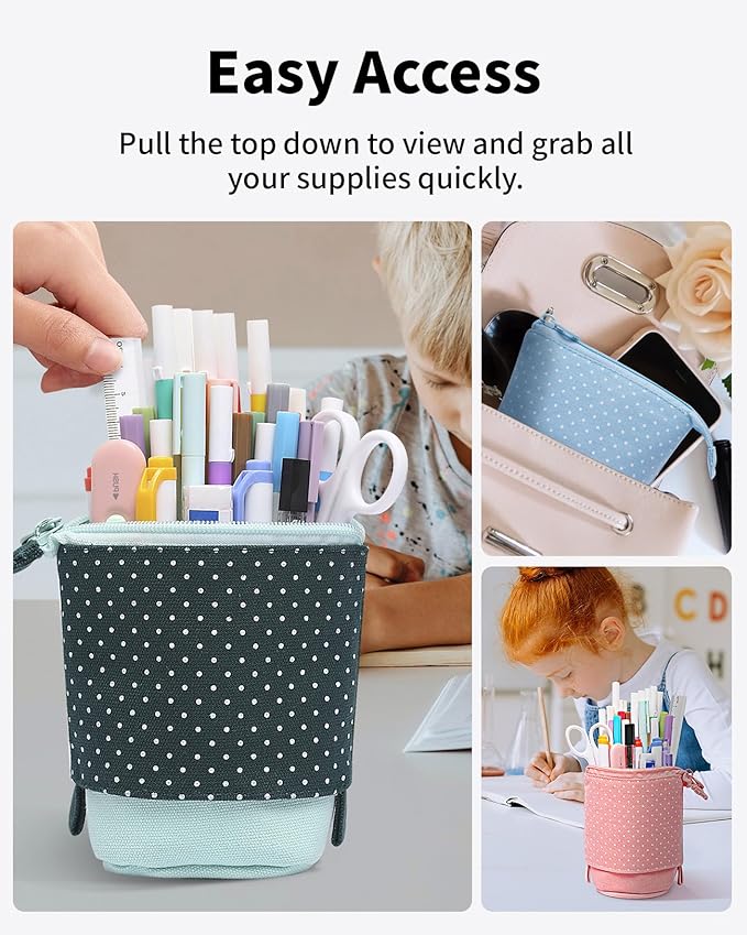 Sooez Standing Pencil Case, Cute Stand up Pencil Pouch, Telescopic Pen Pouch, Portable Pencil Holder, Kawaii Stand up Pencil Case, Spacious Pencil Pouch Bag for School Office Supplies, Green