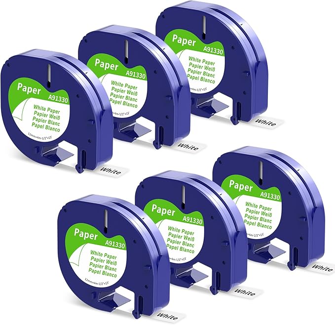 LK 6-Pack Replacement for DYMO LetraTag Refills, Black on White Label Maker Refills Self-Adhesive Paper LT Tape 91330 10697 (S0721510) for DYMO Letra Tag LT-100T LT-100H QX50, 12mm x 4m