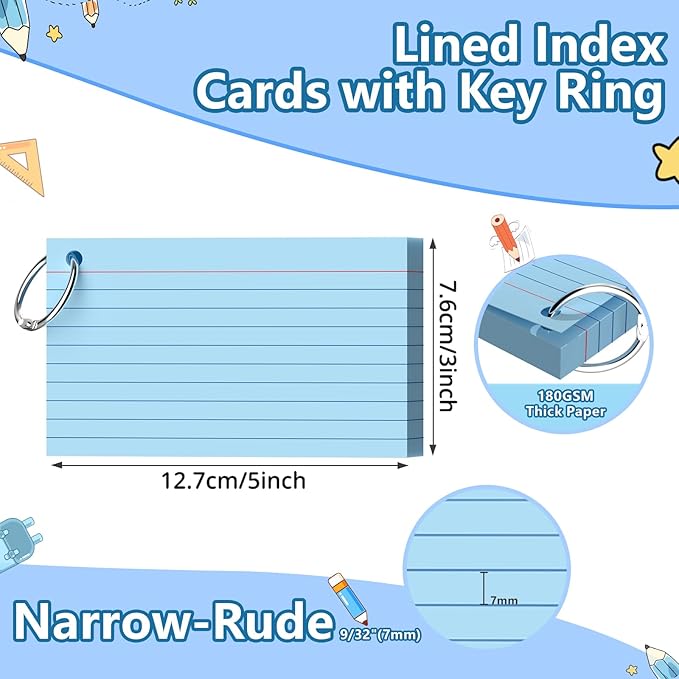 Index Cards 3x5 Inch With Ring, 300 Count, Ruled Blue Index Card, 180GSM Flash Cards College Ruled for Students, Teachers, Study Note Card for Office, Home, School, Office