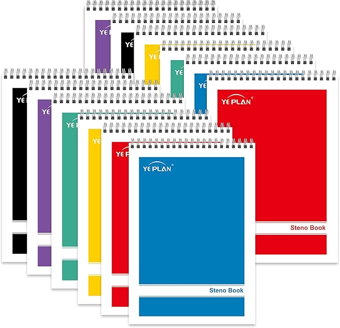 Yeplan Steno Pads Spiral Notebook 6x9 12 Pack, Top Spiral Notebook with Gregg Ruled White Paper, Notebooks & Writing Pads for School, College, Work, Office, Home, 60 Sheets, 6 Assorted Colors