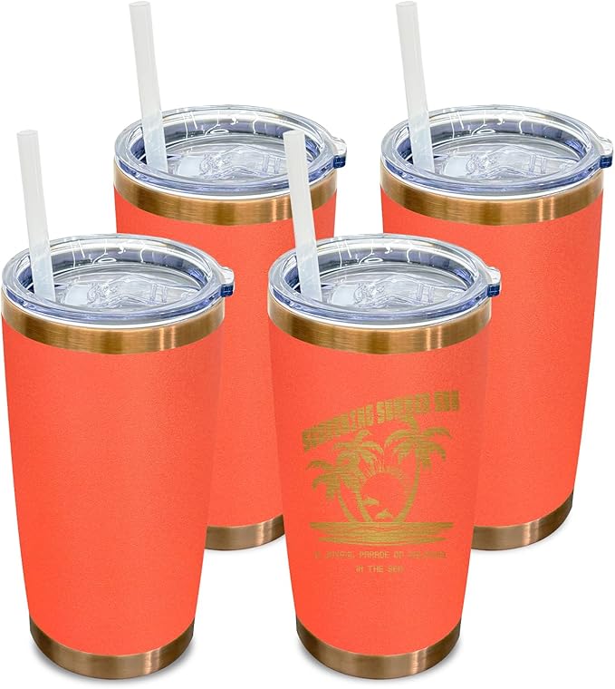 20 oz Tumbler Bulk 4 Pack Stainless Steel Tumblers with Lids and Straws, Double Wall Vacuum Insulated Travel Coffee Mug for Laser Engrave, Powder Coated Cup for Hot and Cold Drinks (Orange,4 pack)