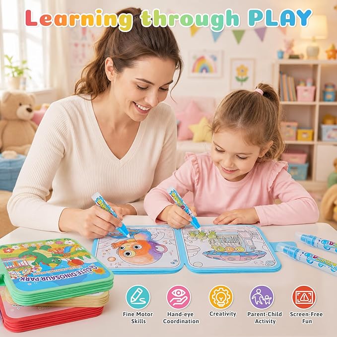 QANIY Reusable Water Painting Book, 4 Pack Magic Water Coloring Books with 4 Water Pens for Toddlers，Mess-Free Coloring Book with 4 Different themes,Travel Activity Toys, Gift for Boys & Girls Ages 3+