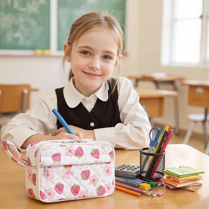 WOBAGMEN Quilted Pencil Pouch for Women, Large Capacity Pencil Case with Compartments, Cute Aesthetic Pencil Organizer, Floral Stationery Pouch（Cute Strawberry Floral1）