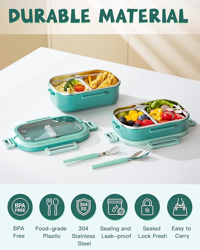 Lille Home Stackable Lunch Box, 2 Tier Stainless Steel Bento Lunch Box, 56oz Large Capacity Leakproof Lunch Containers, 4-Compartment Lunch Box with Utensils for Meal Prep, Work, Picnic(Green)