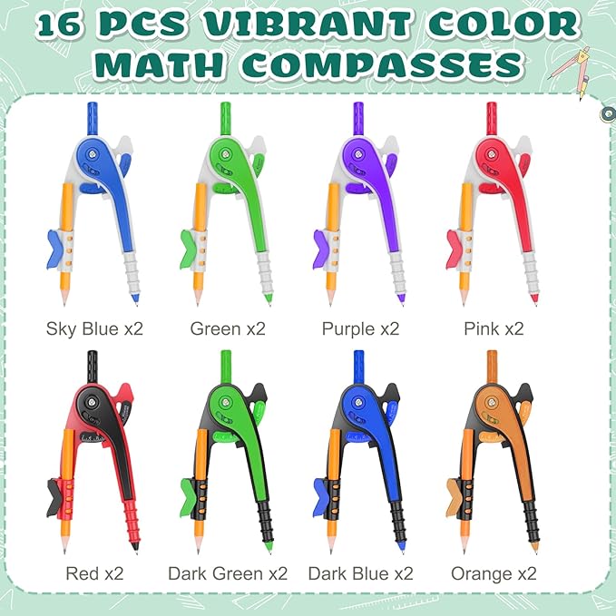32 Pack Math Compass & Protractor Set Geometry Math 6 Inch Plastic Drawing Compass with Pencils Protractor for Geometry Bulk for Math Student Classroom School Office Woodworking Art Drawing
