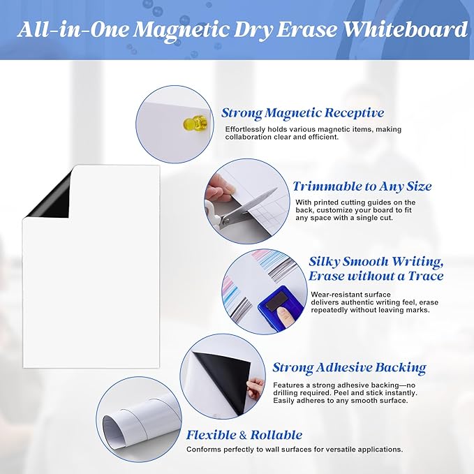 Magnetic Whiteboard Contact Paper Adhesive 17.52" x 39.37", Dry Erase White Board for Wall, White Board Sticker Easy to Write and Clean Magnet Board for Classroom Office Home