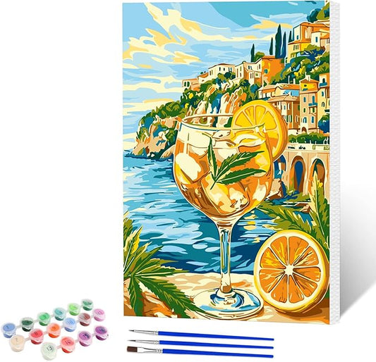 NAIMOER Seaside Landscape Juice Paint by Numbers Kits for Adults Beginner with Wooden Framed, Color by Numbers on Canvas Painting Kits for Adults, Easy Paint DIY Acrylic for Home Wall Decor 8X12 Inch