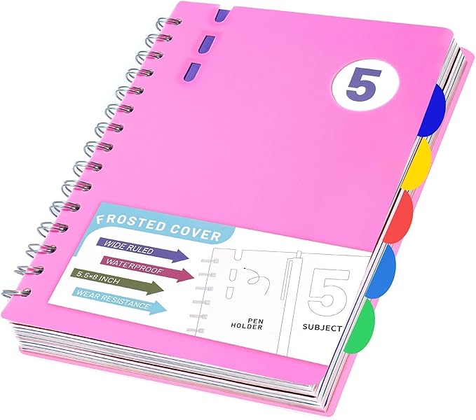 FLYING EAGLE 5 Subject Notebook Wide Ruled Spiral Notebook 5x7, A5 Small Notebook with Remoable Dividers, Hardcover Notebooks for Work, 204 Pages Lined Journal for Women, Pink