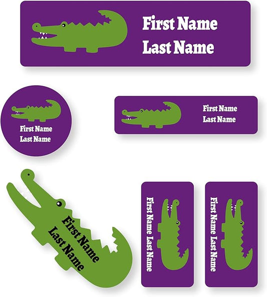 Personalized Kids Name Labels – Waterproof Custom Stickers for Daycare & School, Dishwasher & Laundry Safe (Crocodile - Purple)