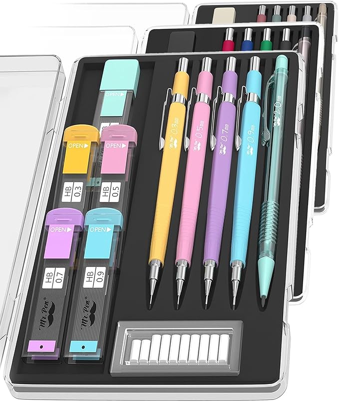 Mr. Pen- Pastel Mechanical Pencil Set, 5 Mechanical Pencils (0.3, 0.5, 0.7, 0.9, 2.0mm), 5 HB Lead Refills & 10 Eraser Refills, Precision Drawing Pencils for Sketching, Writing & Artwork