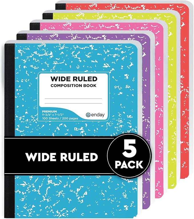 Enday Composition Notebook Wide Ruled (5 Pack, Assorted Colors) Hard Cover Marble Composition Notebook, 100 Sheets