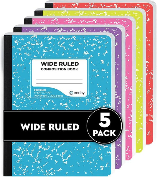 Enday Composition Notebook Wide Ruled (5 Pack, Assorted Colors) Hard Cover Marble Composition Notebook, 100 Sheets