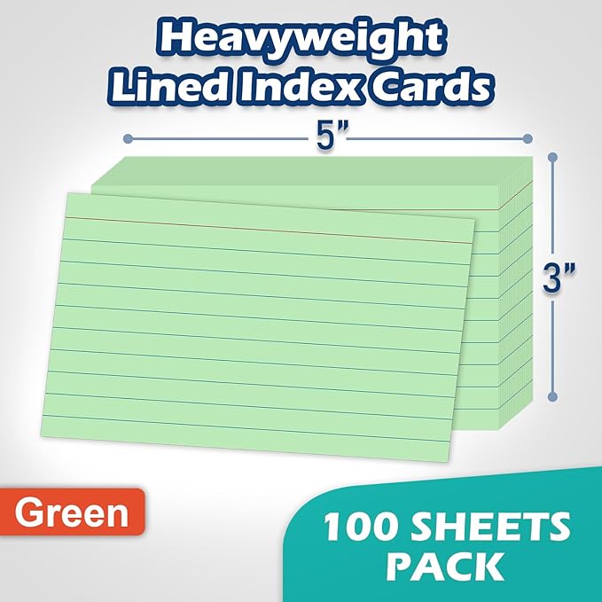 Green Lined Index Cards 3x5 Ruled Note Cards 100 Count, 180 gsm Heavy Weight