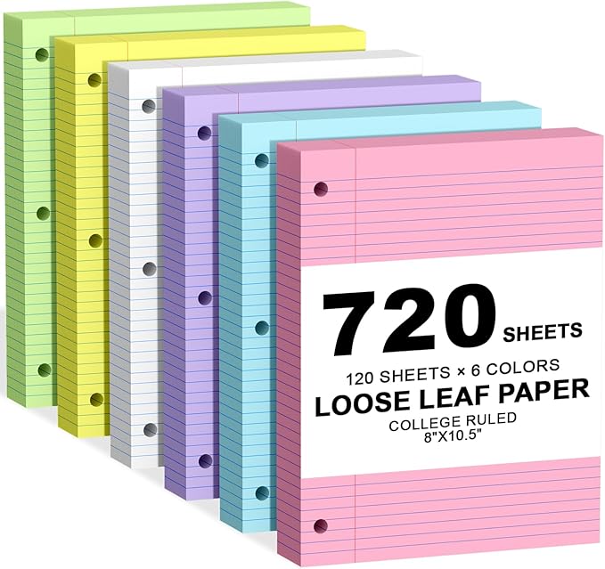 720 Sheets Loose Leaf Paper, 8x10.5 College Ruled, Notebook Paper for 3 Ring Binders, Colored Notebook, 3 Hole Punch Paper, 120 Sheets/Color