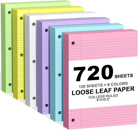720 Sheets Loose Leaf Paper, 8x10.5 College Ruled, Notebook Paper for 3 Ring Binders, Colored Notebook, 3 Hole Punch Paper, 120 Sheets/Color