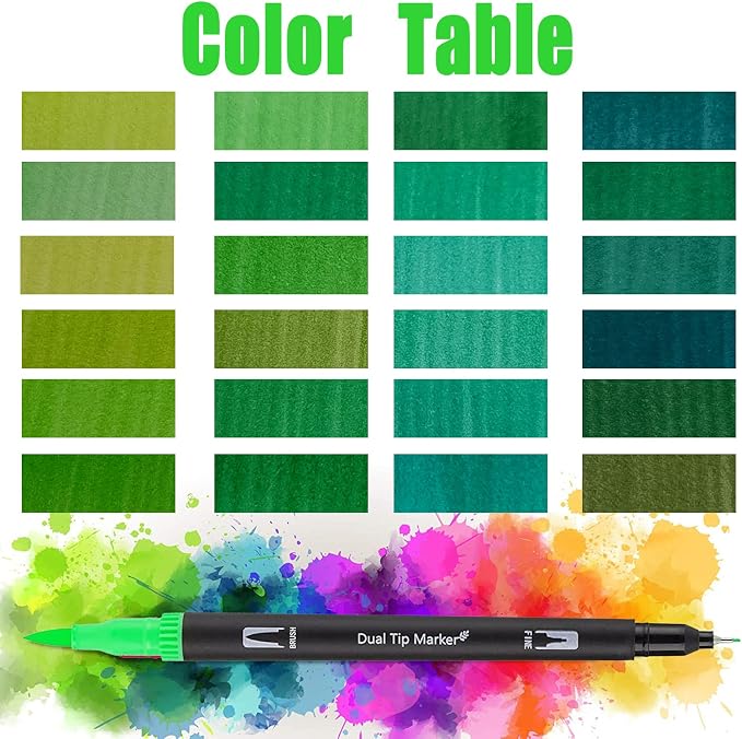 Green Dual Tip Brush Pen,Colored Fine & Brush Calligraphy Pens, Dual Tip Green Markers for Adult Coloring Felt Tip Books Drawing Planner Calendar Art Sketch Outlining Sketching Calligraphy