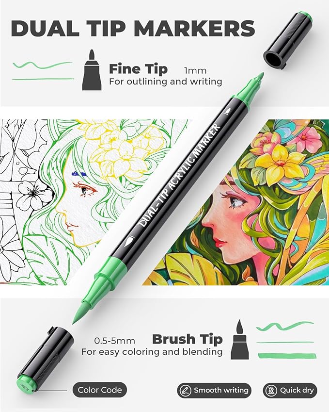 JusArt 48 Colors Acrylic Paint Markers Set with Canvas Bag, Dual Tips with Brush Tip & Fine Tip, No-Bleed, Waterproof, Non-Toxic & Odorless Paint Pens for Rock, Egg, Wood, Canvas, Glass, Ceramic, DIY