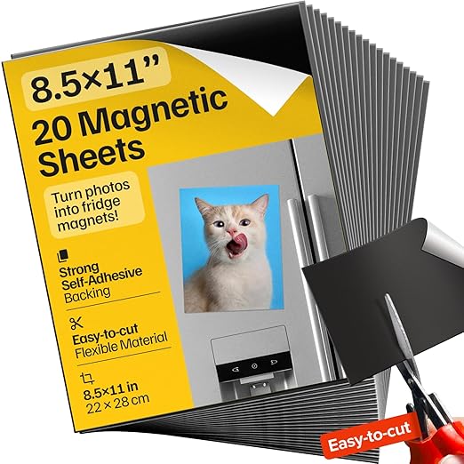 Strong Self-Stick Adhesive Magnetic Sheets 20 Pcs (8.5x11"/22x28cm) – Customizable Magnetic Paper for Photo, Magnet Stickers, Labels, Crafts; for Fridge, Lockers, Whiteboards, Office, Projects