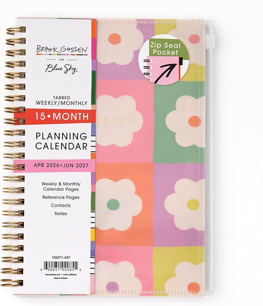 Blue Sky Brook Gossen 15 Month 2026-2027 Weekly and Monthly Academic Year Planner Calendar, April 2026 - June 2027, 5" x 8", Flexible Cover With Zip Pouch, Wirebound, Laminated Tabs, Storage Pocket, Daisy Checkers