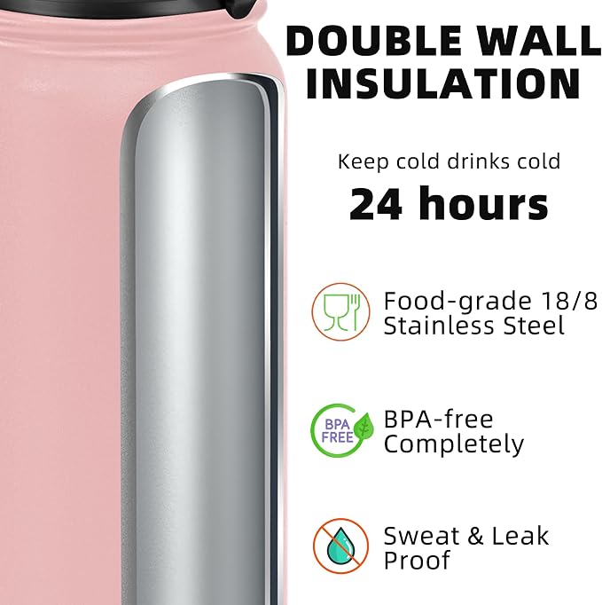 Fanhaw 20 oz Insulated Stainless Steel Water Bottle with Anti-Dust Chug Lid, Leakproof Vacuum Metal Everyday Use Bottle for Kids, Teens & Adults, Back to School Essentials (Pink)
