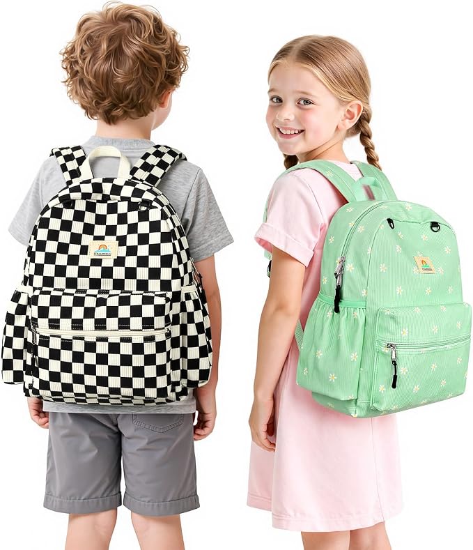 STEAMEDBUN Corduroy Kids Backpack for Girls and Boys 5-8: Boys Backpack for Elementary Kindergarten - 15 inch Cute Backpacks for Kids - Checkered